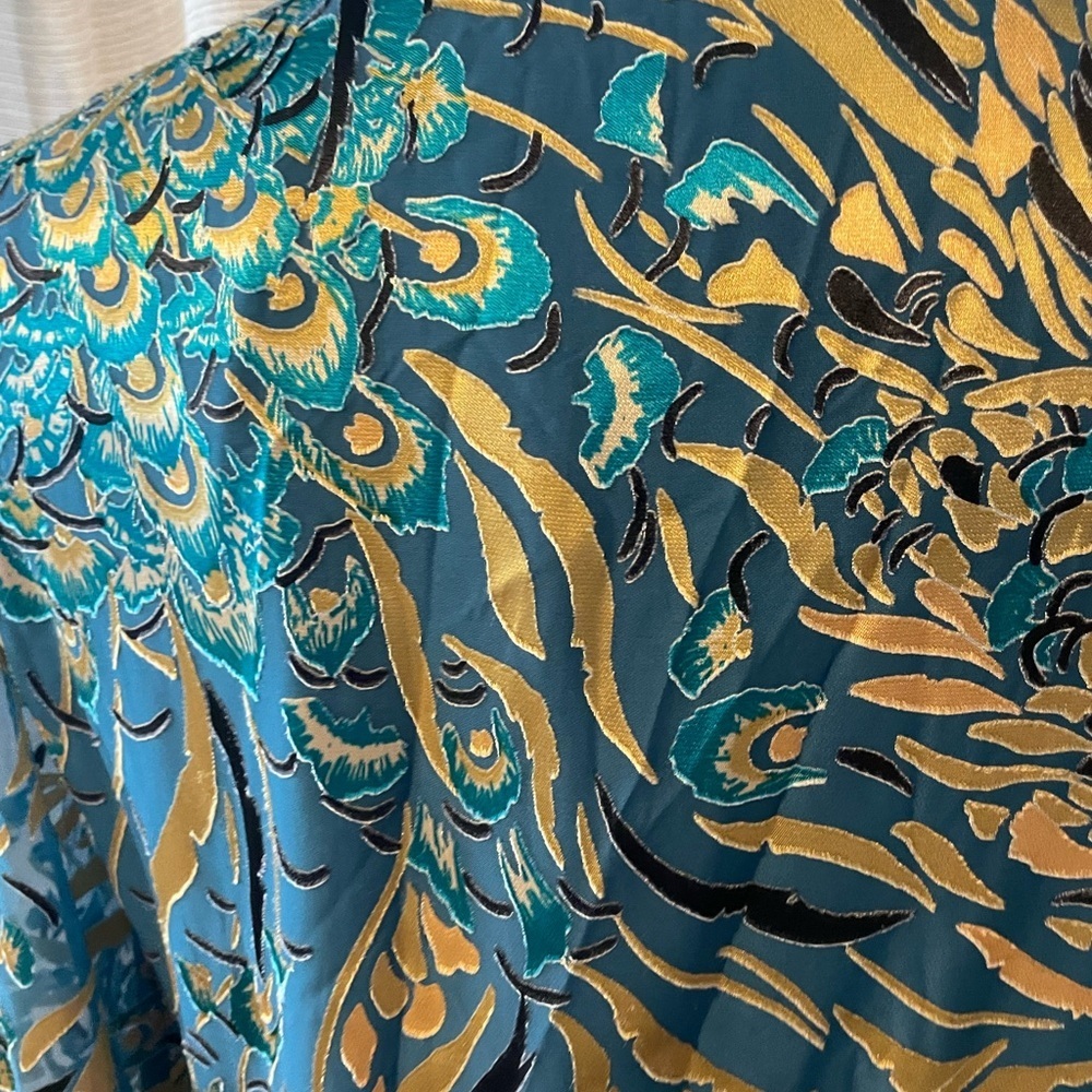 White House Black Market burnout smocked dress Teal and Gold Long Sleeve Dress - Picture 11 of 15
